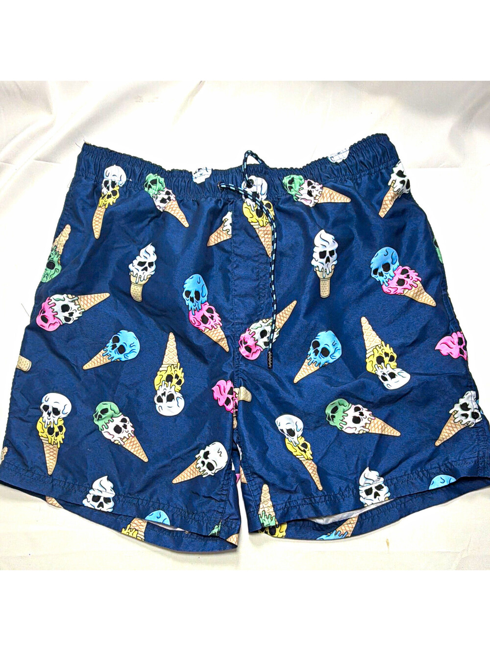 Broken Threads Men's L Swim Shorts Blue Skull Ice Cream Graphic Drawstring Lined